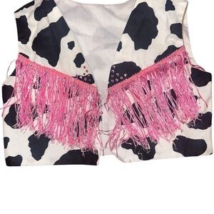 Cow Print Vest with Pink Fringe